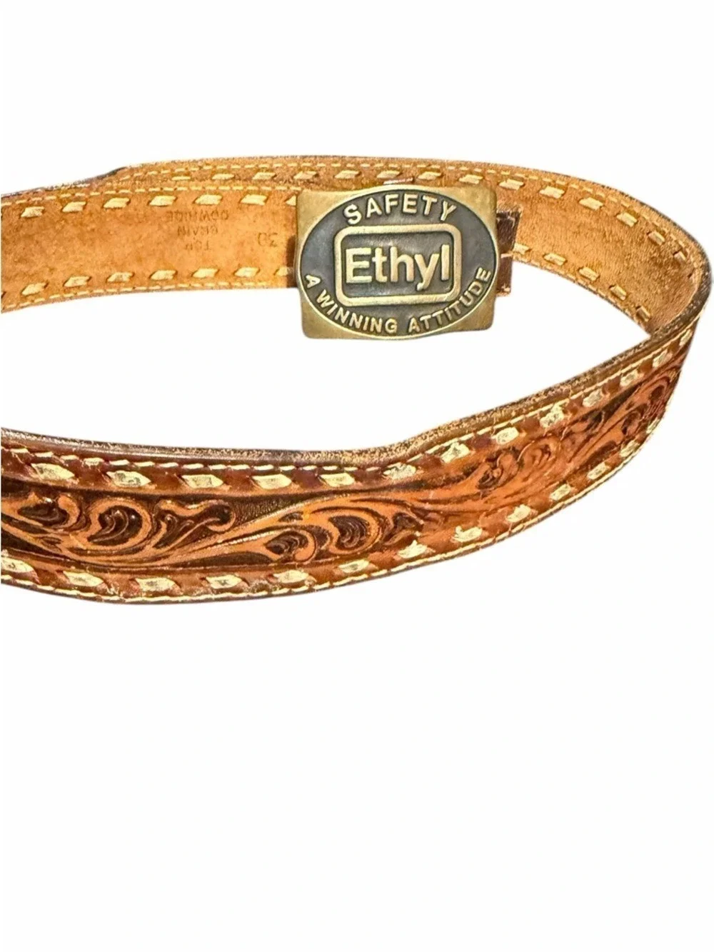 1981 Ethyl Buckle Tooled Leather Belt Laced Edges Marked Top Grain Cowhide Sz 38